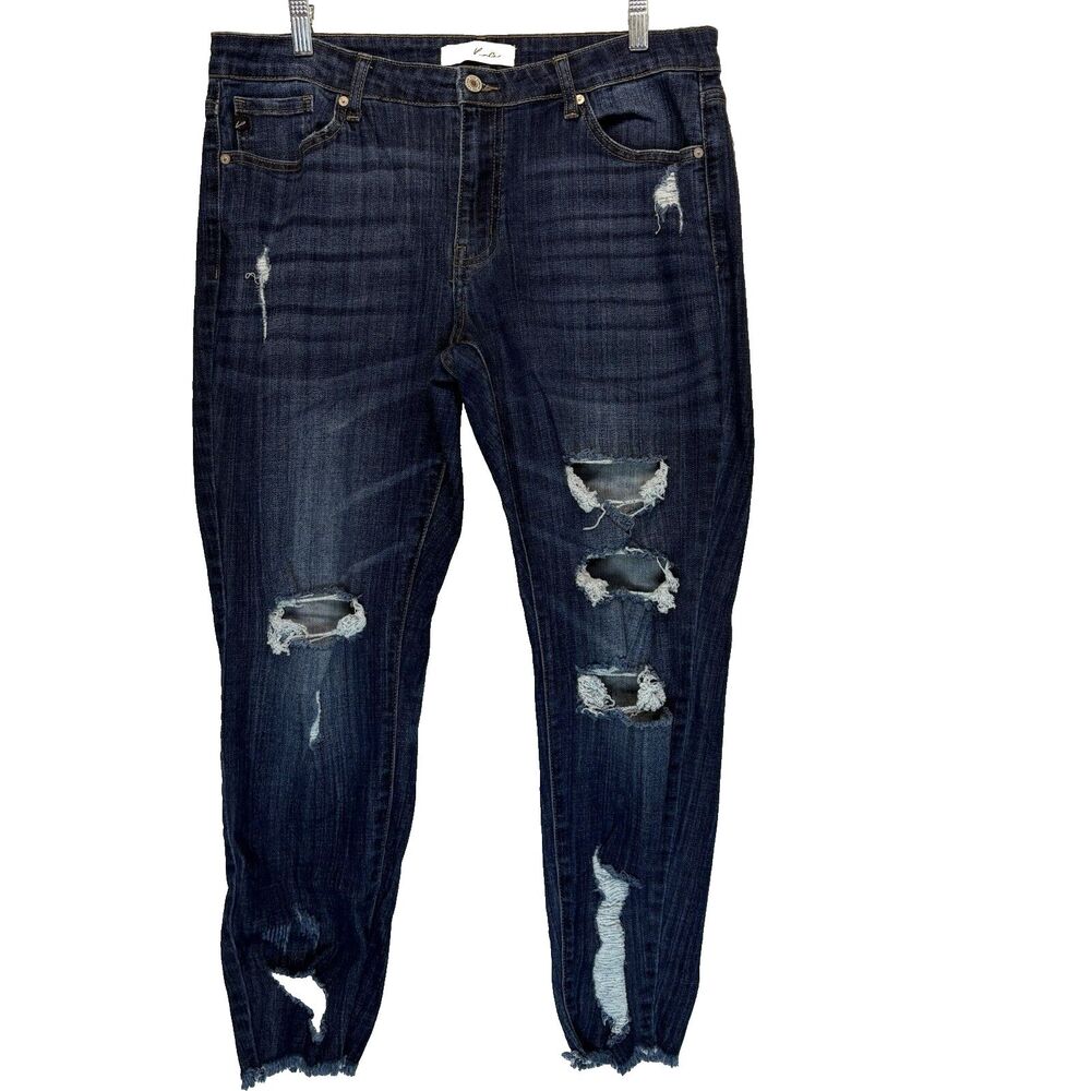 Kancan Blue Jeans Size XL Distressed Ankle Raw Hem Dark‎ Wash Stretch Pockets